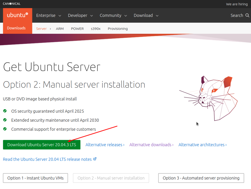 Página de descarga de Ubuntu Server