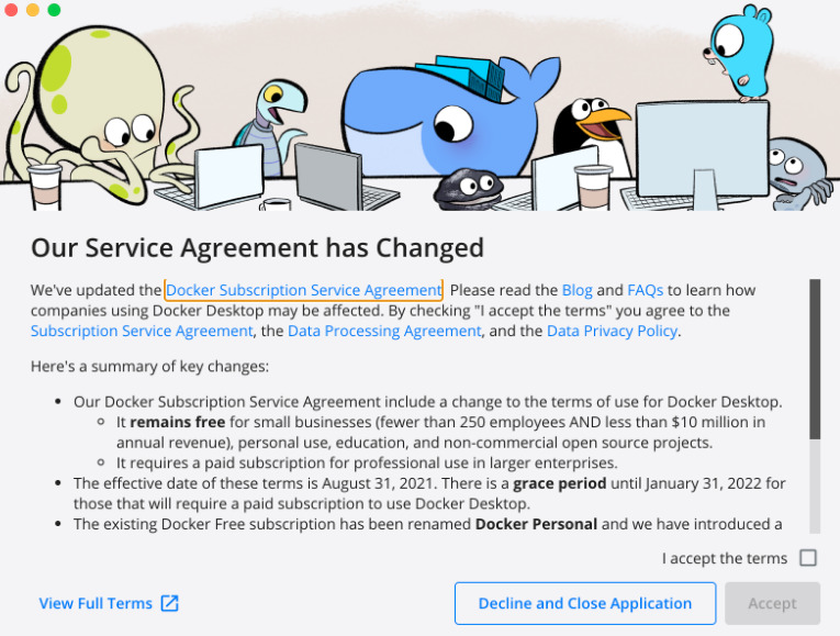 Docker Desktop advirtiendo del cambio de licencia