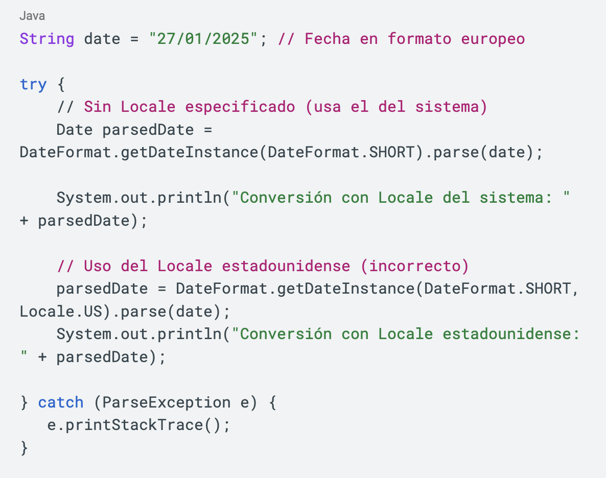 También puede ocurrir que, al no informar qué Locale utilizar podría haber una excepción en el formateo de fechas.