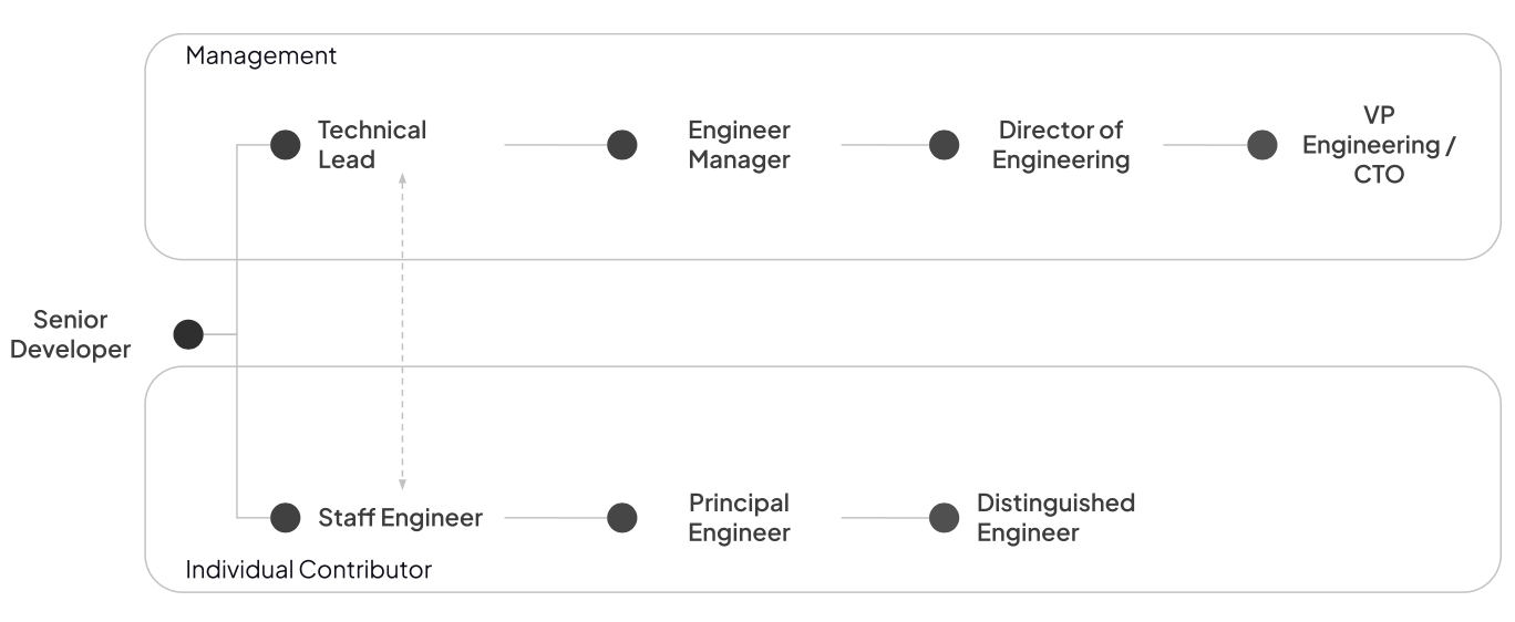 hay 2 roles que surgen como opciones de evolución, Technical Lead y Staff Engineer