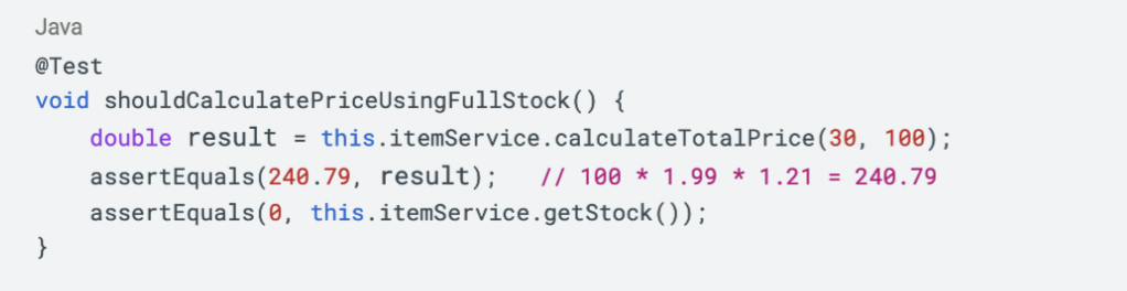 Ahora, vamos a matar las mutaciones supervivientes realizando modificaciones en nuestra clase de test: Como primer test, vamos a crear uno donde se realice el cálculo de una compra de 100 unidades y que verifique que, tras la operación, el stock disponible es 0. 