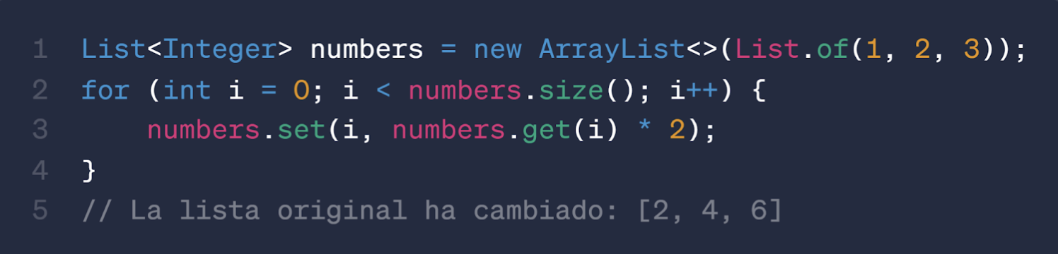 No necesitas configurar nada más, simplemente importamos las clases y empiezas a usarlas en paralelo a las clases estándar de Java Contexto inicial Hablemos primero del porqué de todo esto. En la programación más clásica existen una serie de inconvenientes cuando intentamos adaptarnos a tecnologías más modernas o a la programación funcional. Efectos colaterales:  En Java hay un clásico que es pasar un objeto a un método, modificarlo dentro y que, al volver, ese objeto original también esté modificado.  ¿Y cuál es el problema de esto?  El problema es que las estructuras mutables necesitan sincronización si son manejadas por varios hilos, además para conseguir una programación “thread-safe” lo ideal es trabajar con estructuras inmutables.  Dificultad de razonabilidad del código: Trabajar con estructuras mutables implica que un objeto pueda ser modificado desde algo más que sus parámetros de entrada.  Esto complica muchísimo entender, depurar y testear el código porque los  resultados no solo dependen de los parámetros de entrada. También necesitamos conocer todo un contexto (a veces invisible), que obliga no solo a conocer el método o clase que estamos trabajando. Necesidad de favorecer un enfoque declarativo: Cuando trabajamos con mutabilidad, pensamos en cómo modificar una estructura. En un enfoque funcional, en cambio, nos enfocamos en qué aplicación aplicar. Esto da lugar a un código más expresivo. Ejemplo mutable: 