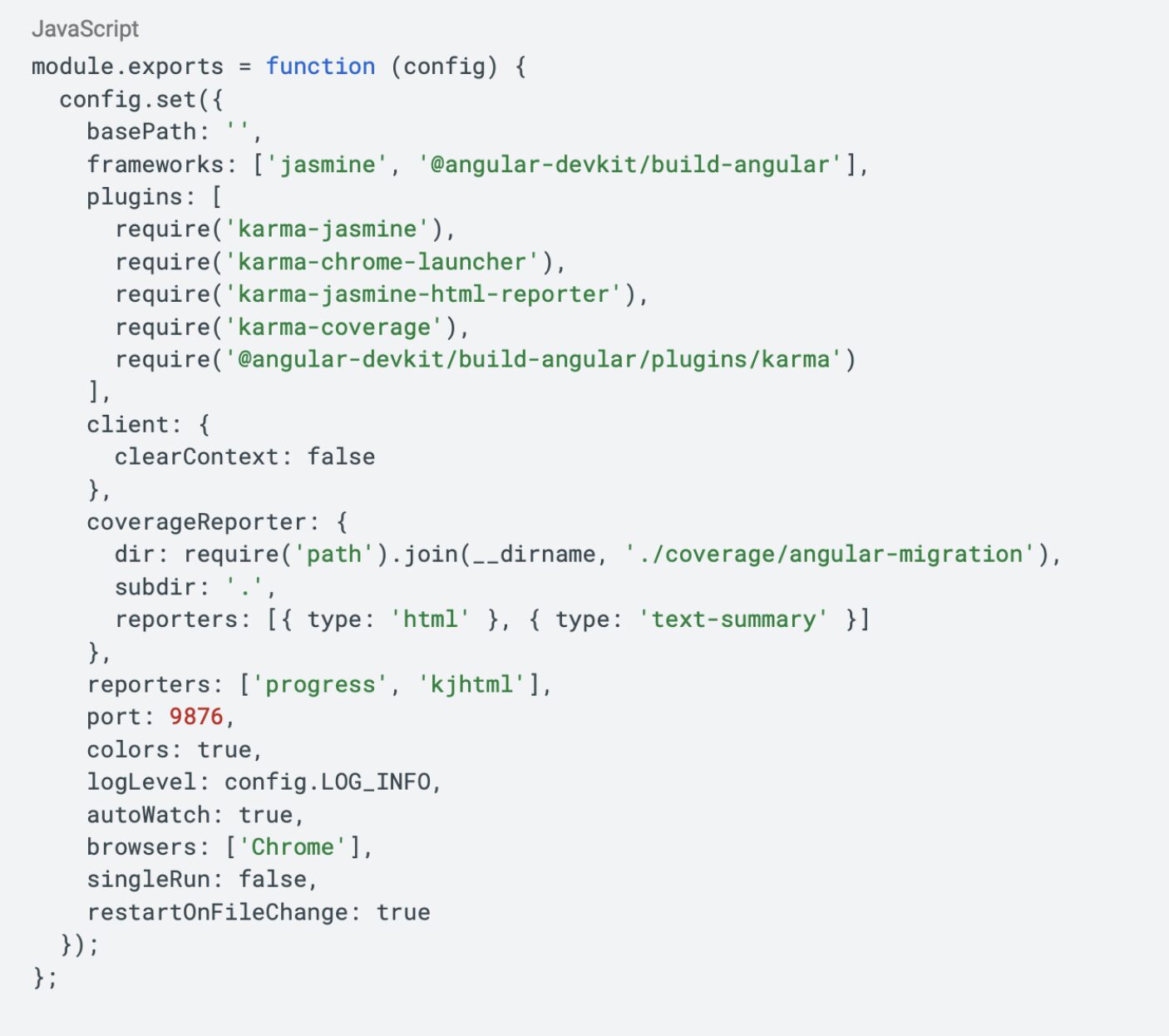 IA (Cursor): “Claro, aquí tienes el fichero karma.conf.js para poder ejecutar los tests en base a las buenas prácticas de Angularv18.”