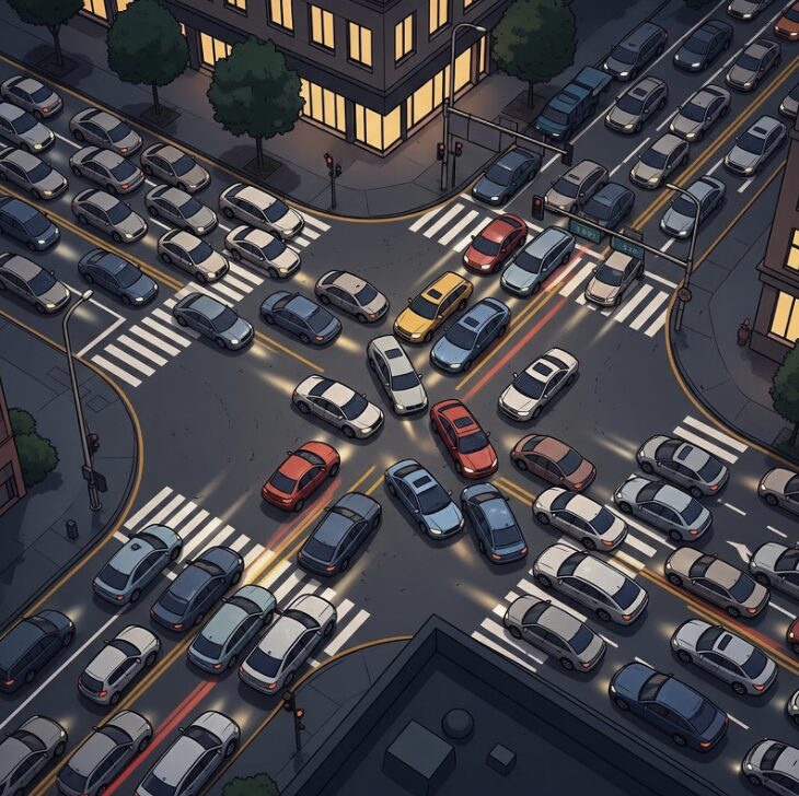 Imaginemos un cruce de calles con semáforos.