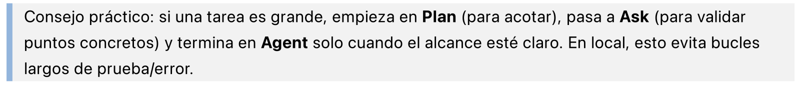 Cursor: modos (Ask / Agent / Plan) para trabajar con IA