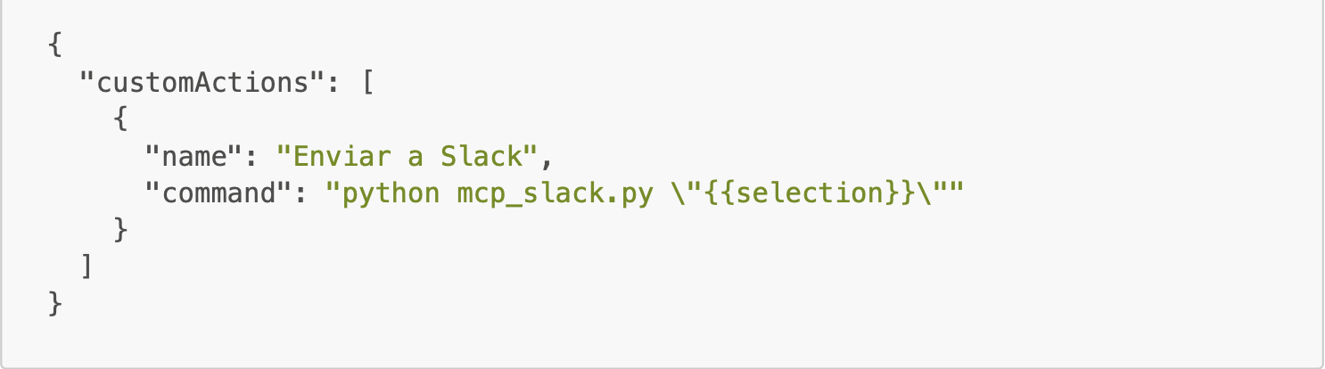 Configuración de Custom Action en Cursor (ejemplo en cursor.json):